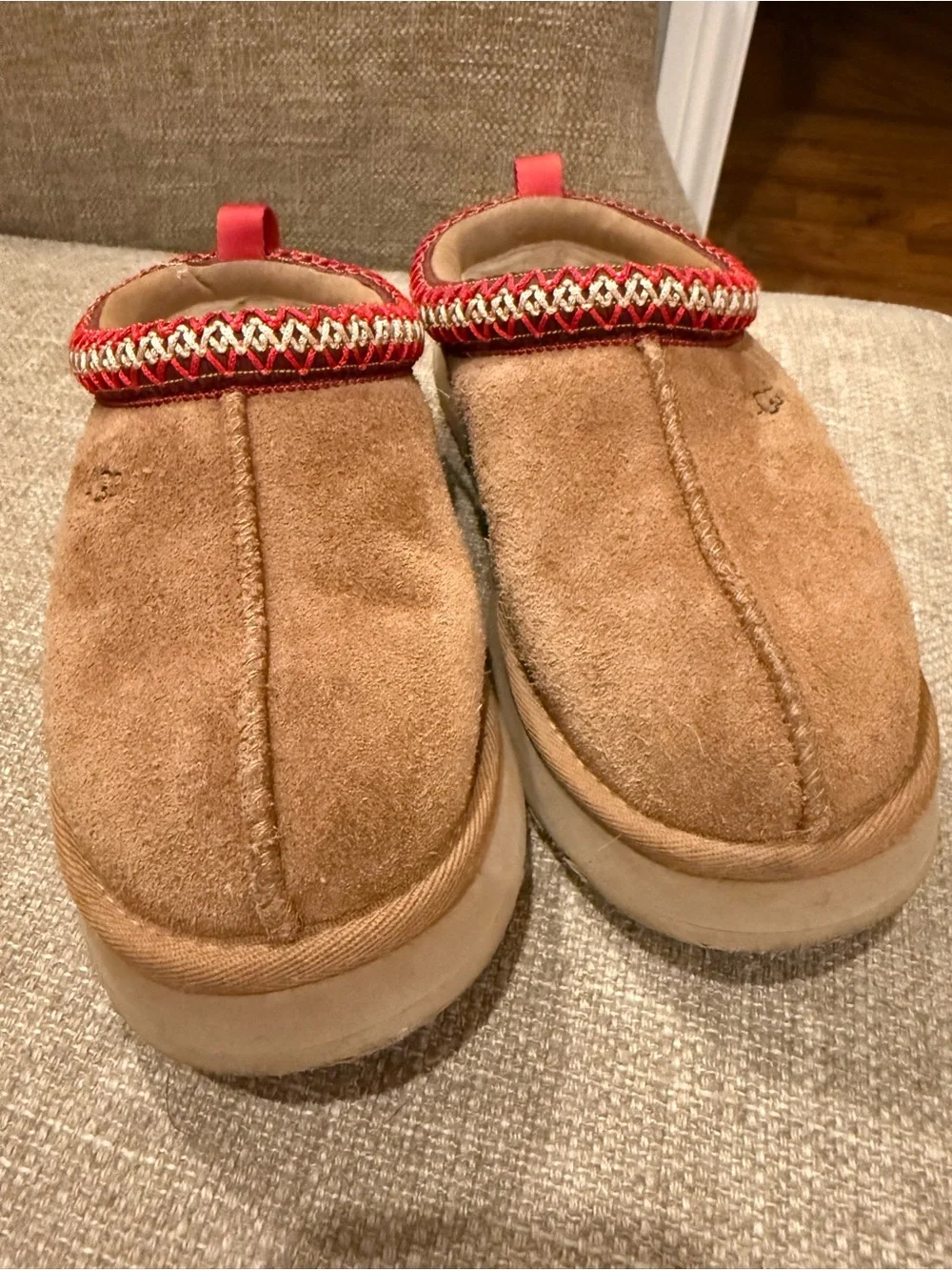 UGG Chestnut Suede platform Slip-On Mules with Red Trim